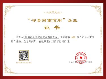 喜讯速递！市交易公司荣获AAA“守合同重信用”企业荣誉称号